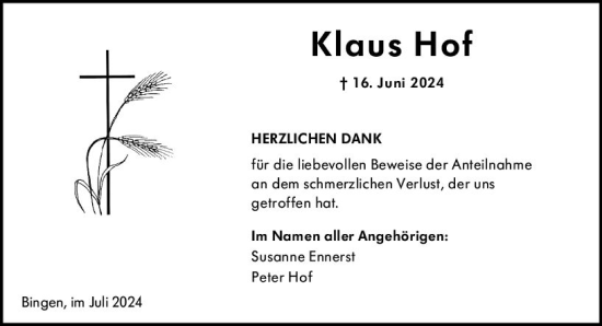 Traueranzeige von Klaus Hof von Allgemeine Zeitung Rheinhessen-Nahe