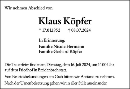 Traueranzeige von Klaus Köpfer von Hinterländer Anzeiger