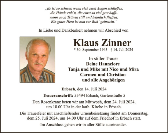 Traueranzeige von Klaus Zinner von Binger-/Ingelheimer Wochenblatt