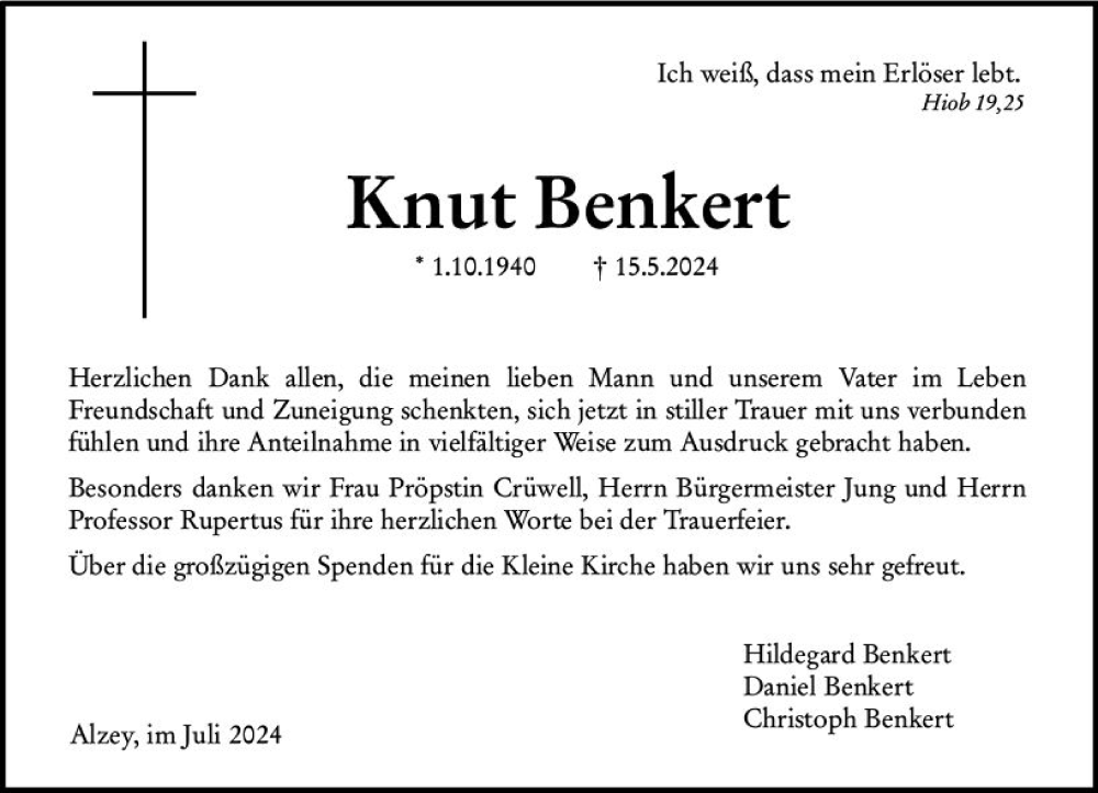  Traueranzeige für Knut Benkert vom 20.07.2024 aus Allgemeine Zeitung Alzey