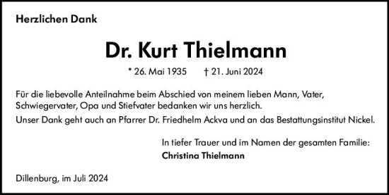 Traueranzeige von Kurt Thielmann von Dill Block