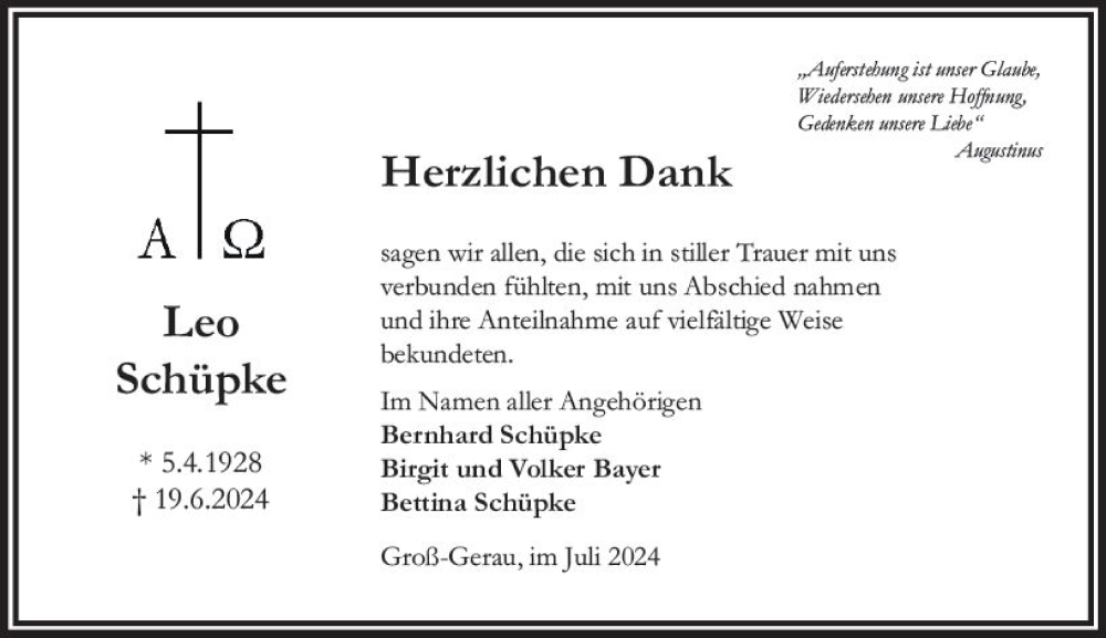  Traueranzeige für Leo Schüpke vom 27.07.2024 aus Groß-Gerauer Echo