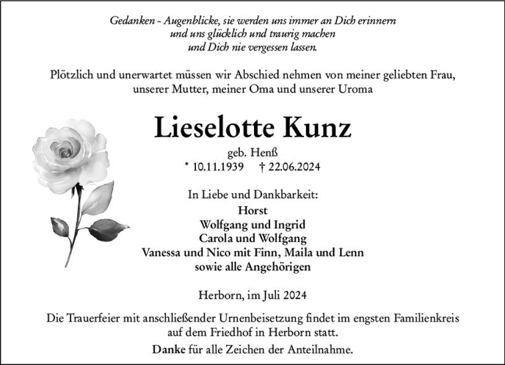  Traueranzeige für Lieselotte Kunz vom 04.07.2024 aus Dill Block
