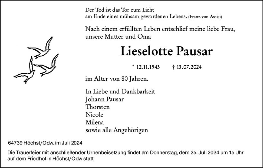 Traueranzeige für Lieselotte Pausar vom 20.07.2024 aus Odenwälder Echo
