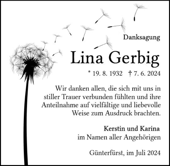 Traueranzeige von Lina Gerbig von Odenwälder Echo