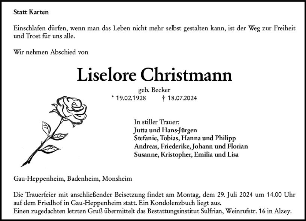  Traueranzeige für Liselore Christmann vom 25.07.2024 aus Allgemeine Zeitung Alzey