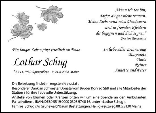Traueranzeige von Lothar Schug von Allgemeine Zeitung Mainz