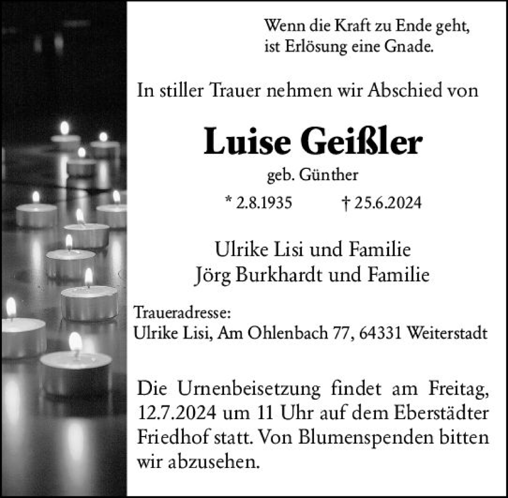  Traueranzeige für Luise Geißler vom 06.07.2024 aus Darmstädter Echo