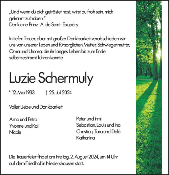 Traueranzeige von Luzie Schermuly von Weilburger Tageblatt