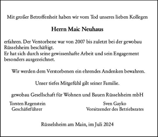 Traueranzeige von Maic Neuhaus von Rüsselsheimer Echo