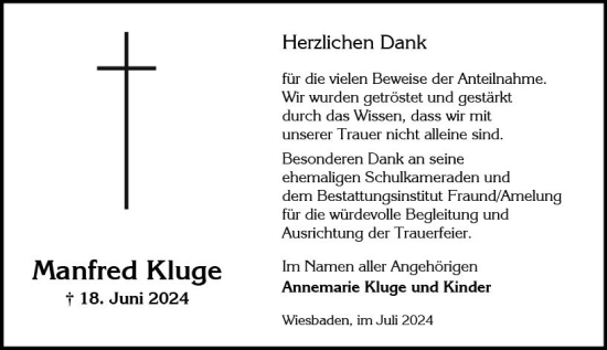 Traueranzeige von Manfred Kluge von Wiesbadener Kurier