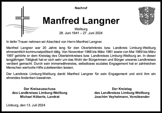 Traueranzeige von Manfred Langner von Weilburger Tageblatt