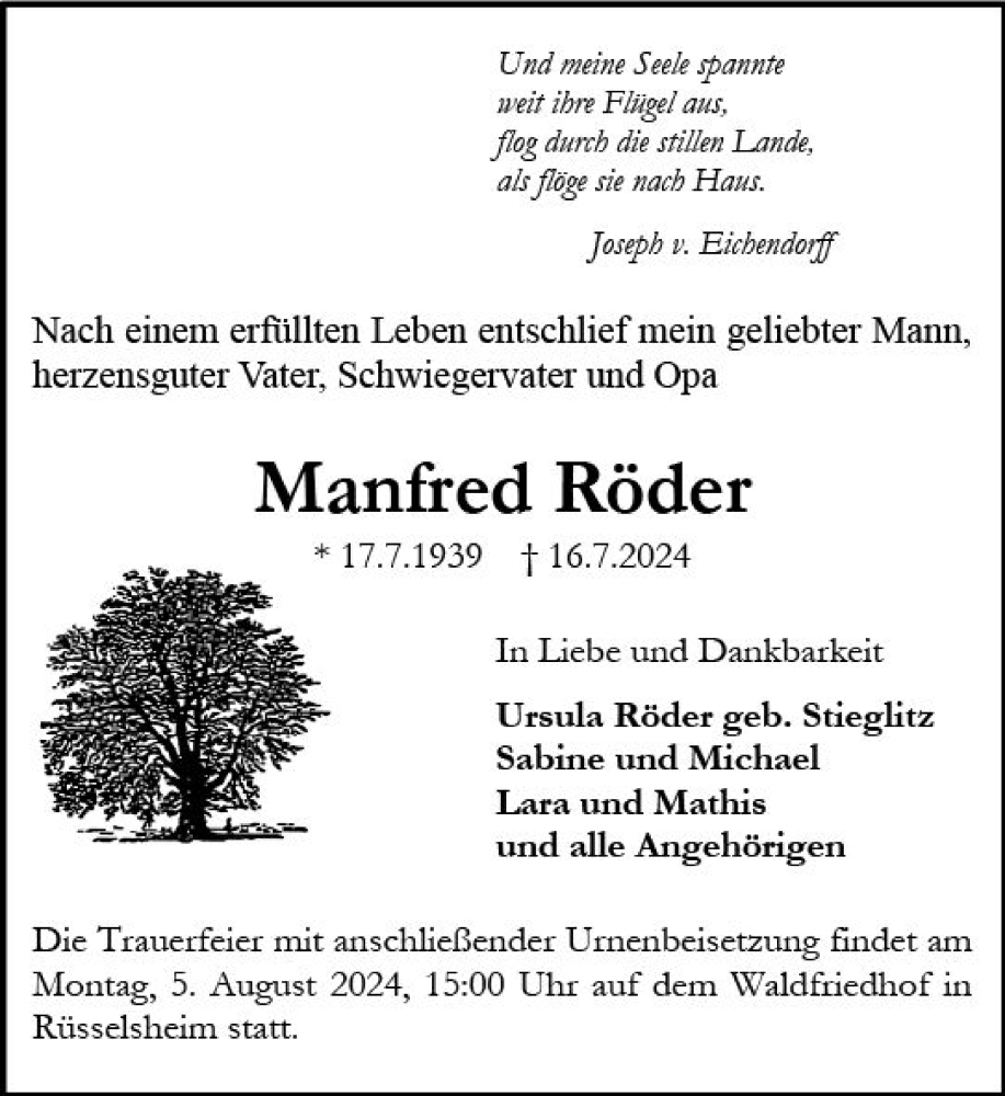  Traueranzeige für Manfred Röder vom 20.07.2024 aus Rüsselsheimer Echo