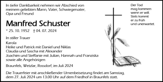 Traueranzeige von Manfred Schuster von Wetzlarer Neue Zeitung