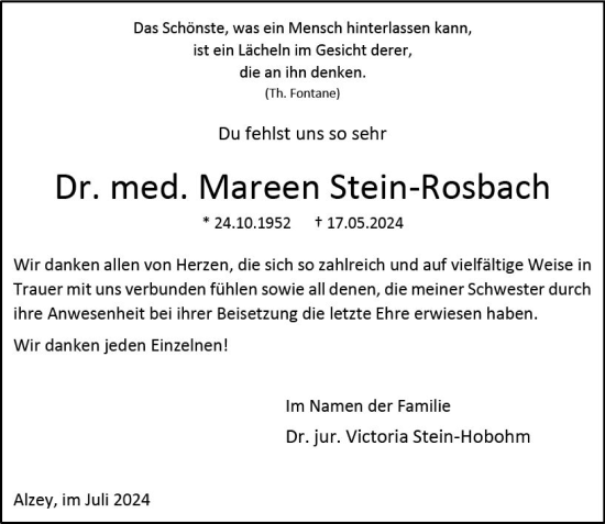 Traueranzeige von Mareen Stein-Rosbach von Allgemeine Zeitung Alzey