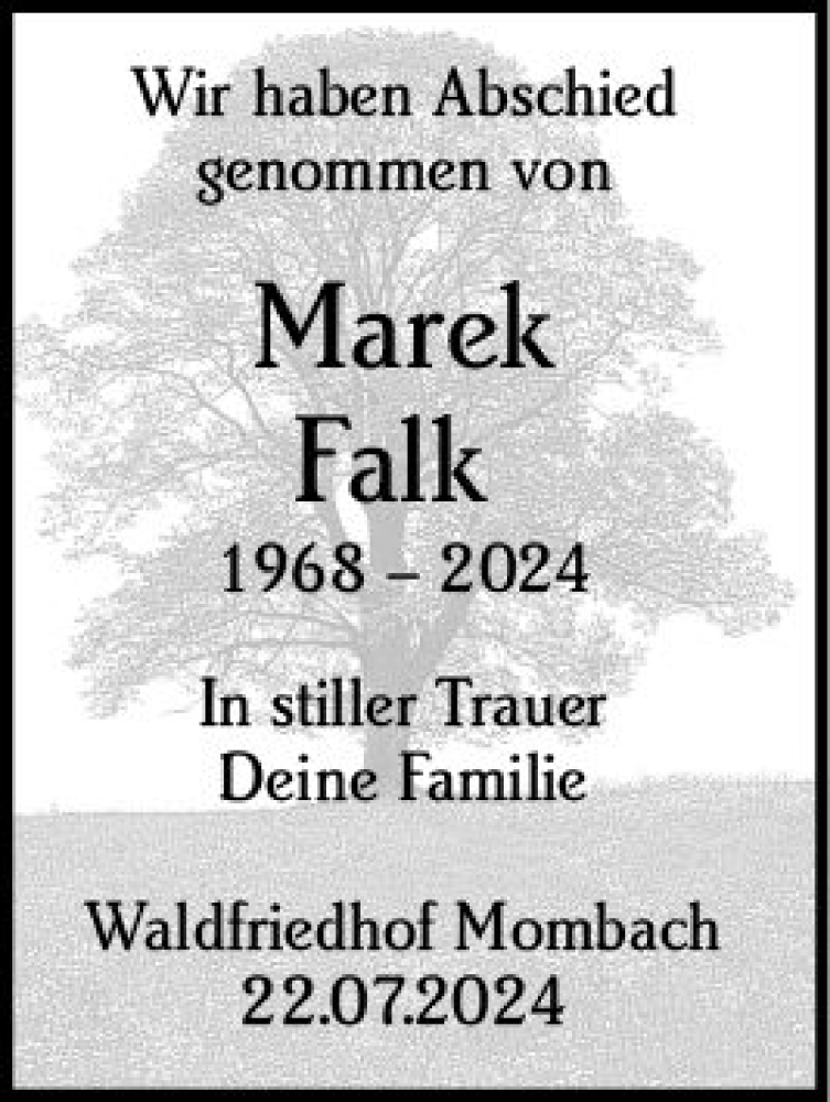  Traueranzeige für Marek Falk vom 27.07.2024 aus Allgemeine Zeitung Mainz