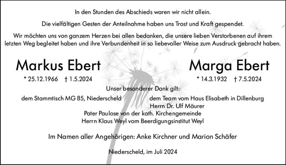  Traueranzeige für Marga Ebert vom 06.07.2024 aus Dill Block