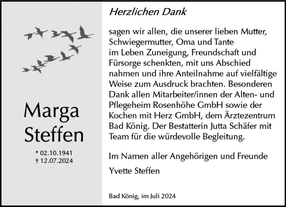  Traueranzeige für Marga Steffen vom 20.07.2024 aus Odenwälder Echo