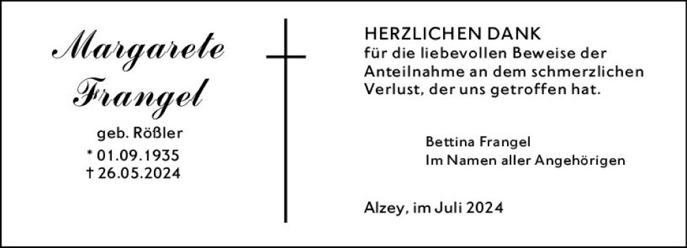  Traueranzeige für Margarete Frangel vom 06.07.2024 aus Allgemeine Zeitung Alzey