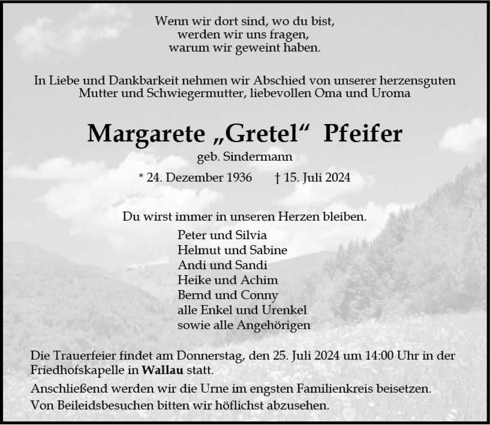  Traueranzeige für Margarete Pfeifer vom 22.07.2024 aus Hinterländer Anzeiger