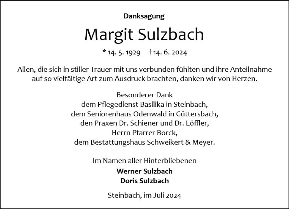  Traueranzeige für Margit Sulzbach vom 13.07.2024 aus Odenwälder Echo