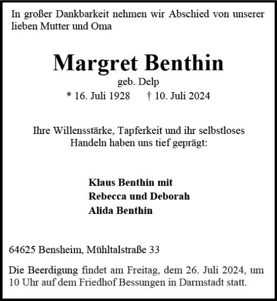 Traueranzeige von Margret Benthin von Darmstädter Echo