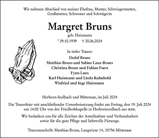 Traueranzeige von Margret Bruns von Dill Block