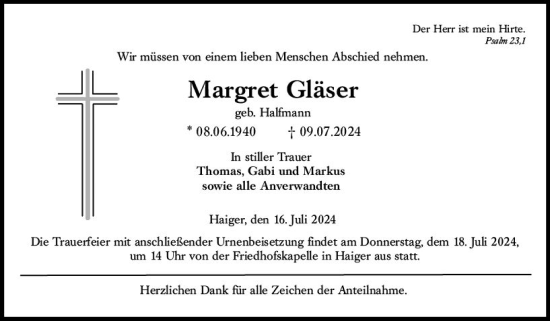 Traueranzeige von Margret Gläser von Dill Block
