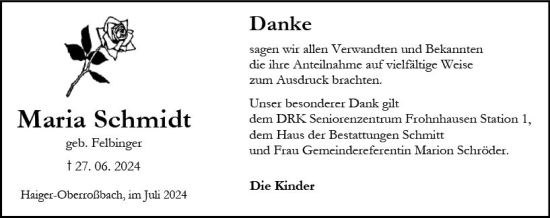 Traueranzeige von Maria Schmidt von Dill Block