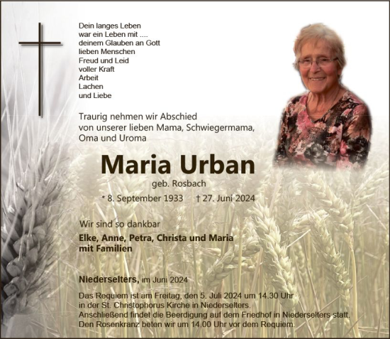 Traueranzeige von Maria Urban von Nassauische Neue Presse