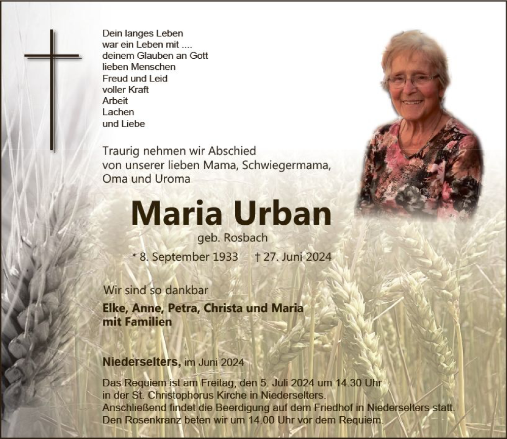  Traueranzeige für Maria Urban vom 04.07.2024 aus Camberger Anzeiger