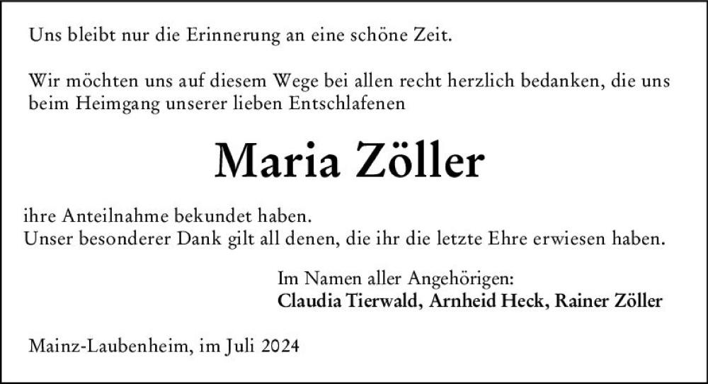  Traueranzeige für Maria Zöller vom 06.07.2024 aus Allgemeine Zeitung Mainz