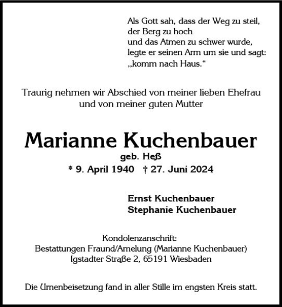Traueranzeige von Marianne Kuchenbauer von Wiesbadener Kurier
