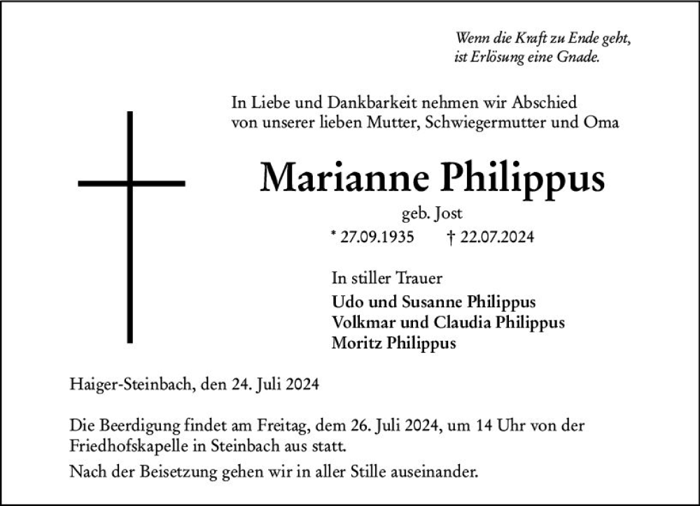  Traueranzeige für Marianne Philippus vom 24.07.2024 aus Dill Block