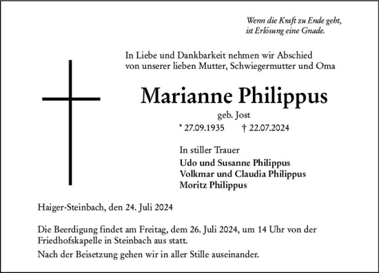 Traueranzeige von Marianne Philippus von Dill Block
