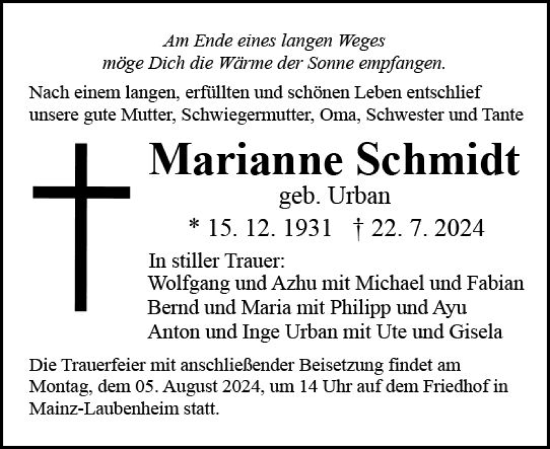 Traueranzeige von Marianne Schmidt von Allgemeine Zeitung Mainz