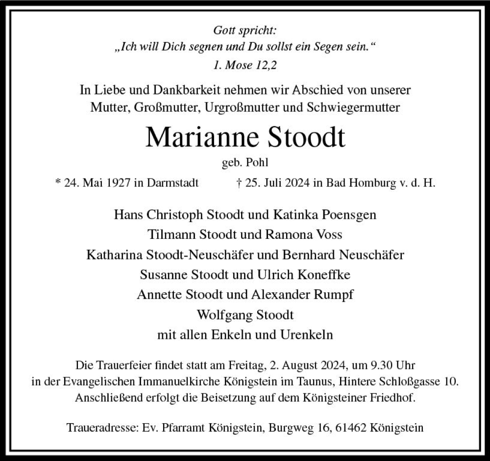  Traueranzeige für Marianne Stoodt vom 30.07.2024 aus Darmstädter Echo