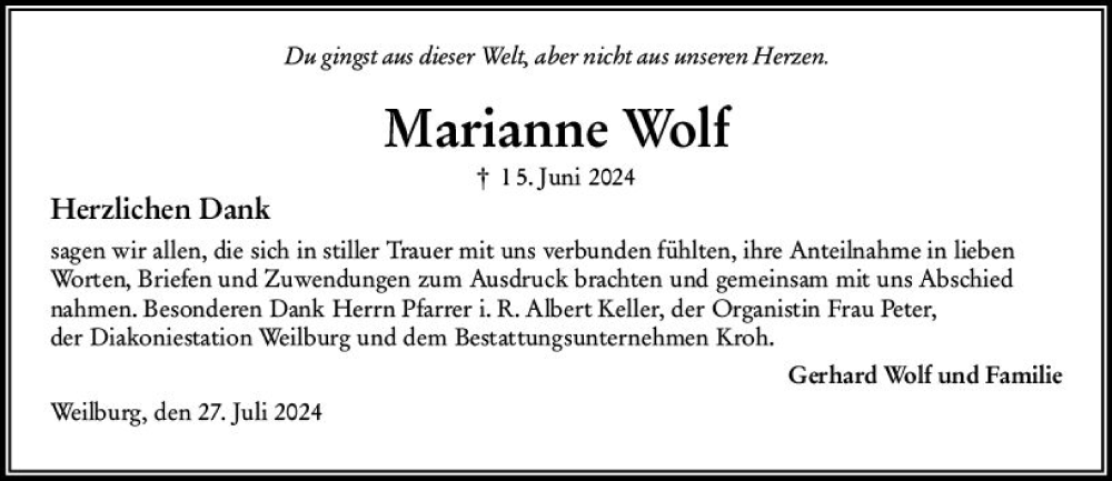  Traueranzeige für Marianne Wolf vom 27.07.2024 aus Weilburger Tageblatt