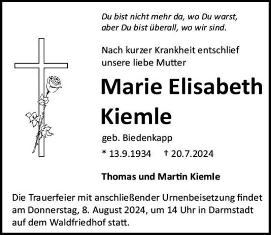 Traueranzeige von Marie Elisabeth Kiemle von Darmstädter Echo