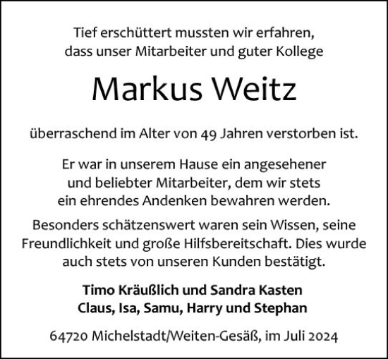 Traueranzeige von Markus Weitz von Odenwälder Echo