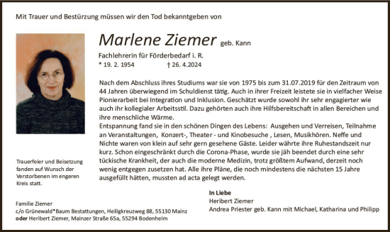 Traueranzeige von Marlene Ziemer von Rüsselsheimer Echo