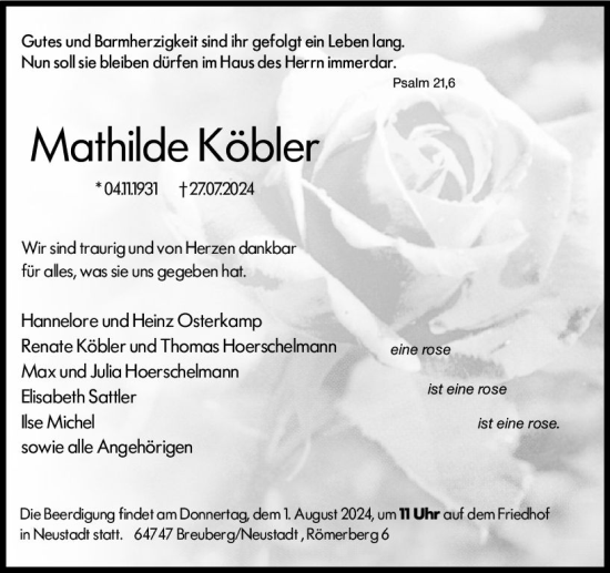Traueranzeige von Mathilde Köbler von Odenwälder Echo