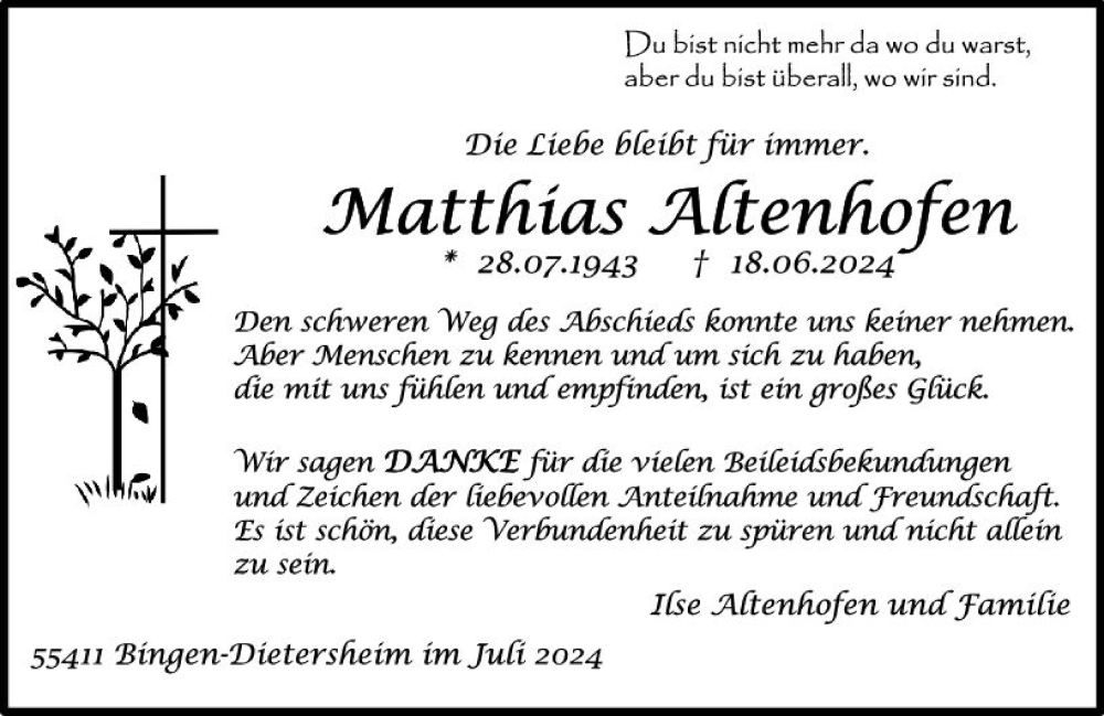  Traueranzeige für Matthias Altenhofen vom 27.07.2024 aus Binger-/Ingelheimer Wochenblatt