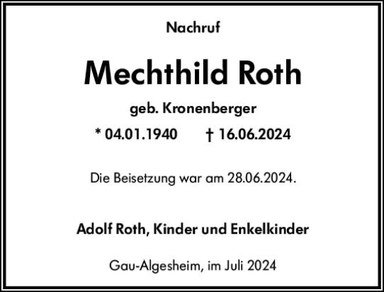 Traueranzeige von Mechthild Roth von Allgemeine Zeitung Rheinhessen-Nahe