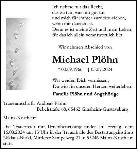 Traueranzeige von Michael Plöhn von Allgemeine Zeitung Mainz