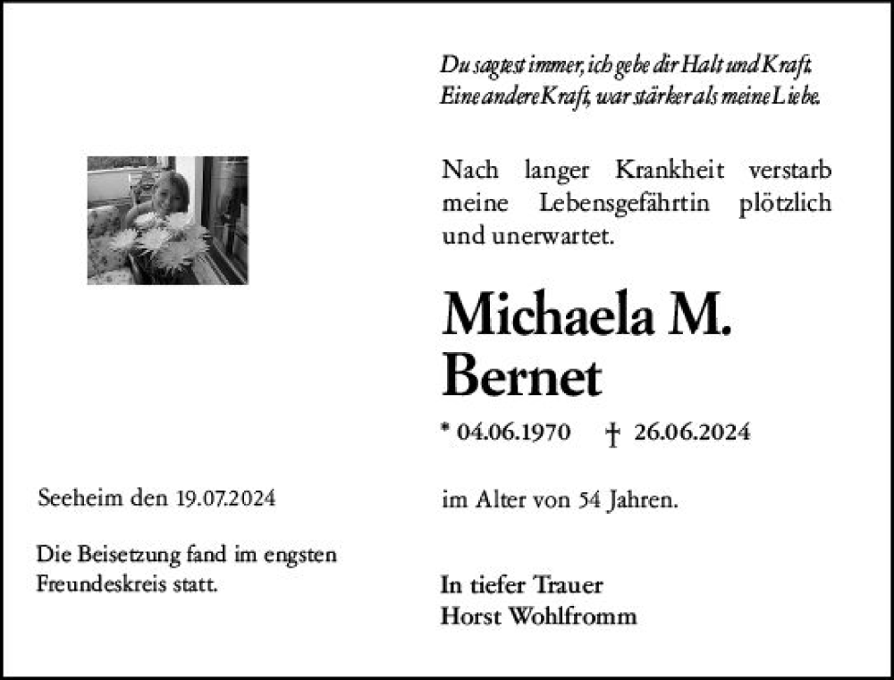 Traueranzeige für Michaela Bernet vom 22.07.2024 aus Darmstädter Echo