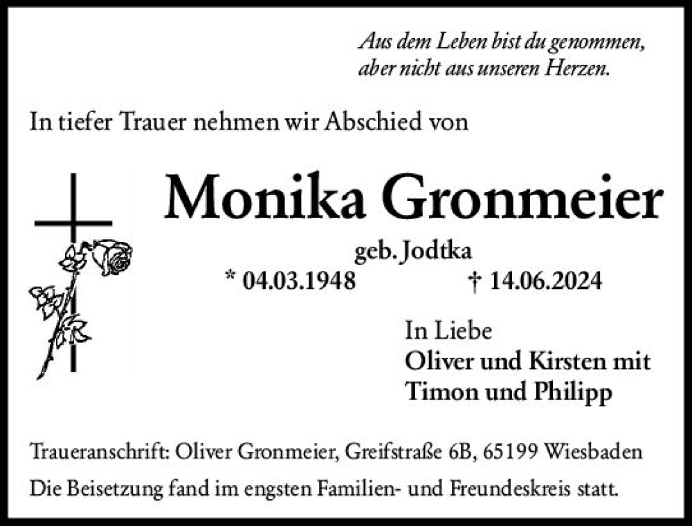  Traueranzeige für Monika Gronmeier vom 06.07.2024 aus Rheingau Kurier
