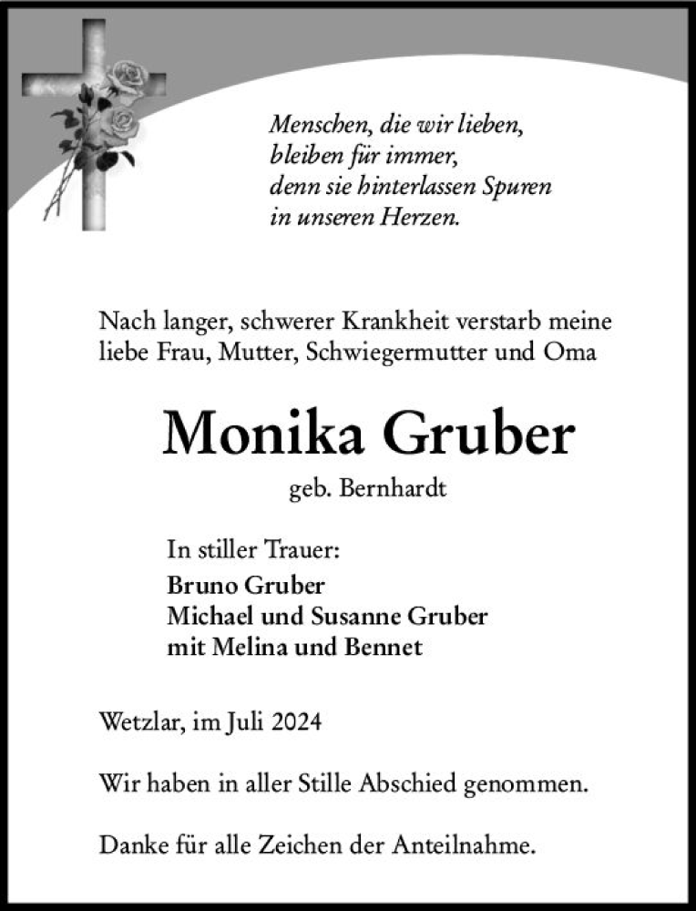  Traueranzeige für Monika Gruber vom 27.07.2024 aus Wetzlarer Neue Zeitung