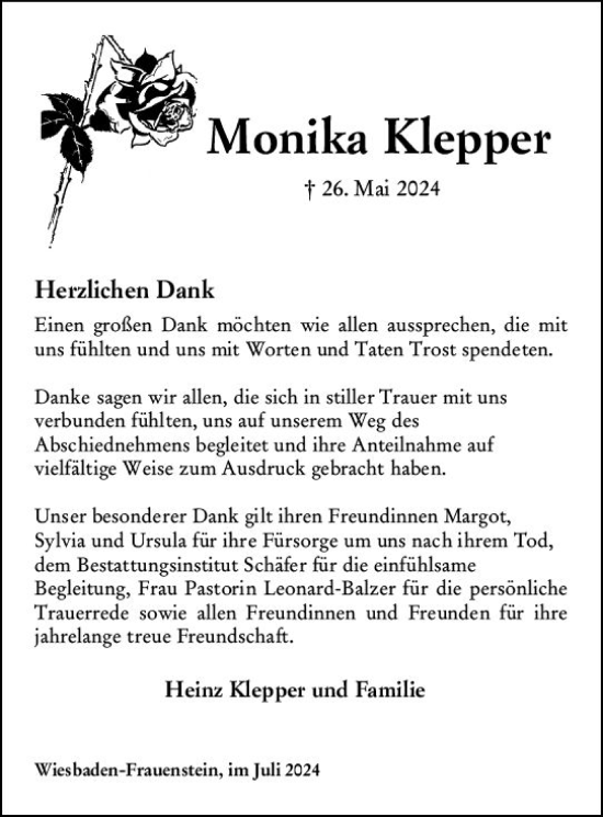 Traueranzeige von Monika Klepper von Wiesbadener Kurier