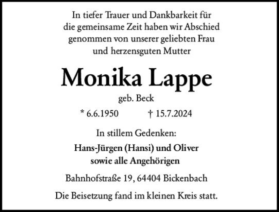 Traueranzeige von Monika Lappe von Darmstädter Echo